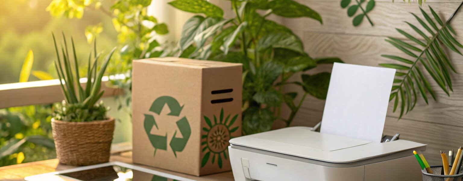 Moderner Arbeitsplatz mit Drucker und Recyclingpapier, der zeigt, wie man nachhaltig drucken kann