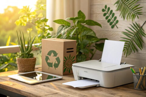 Moderner Arbeitsplatz mit Drucker und Recyclingpapier, der zeigt, wie man nachhaltig drucken kann