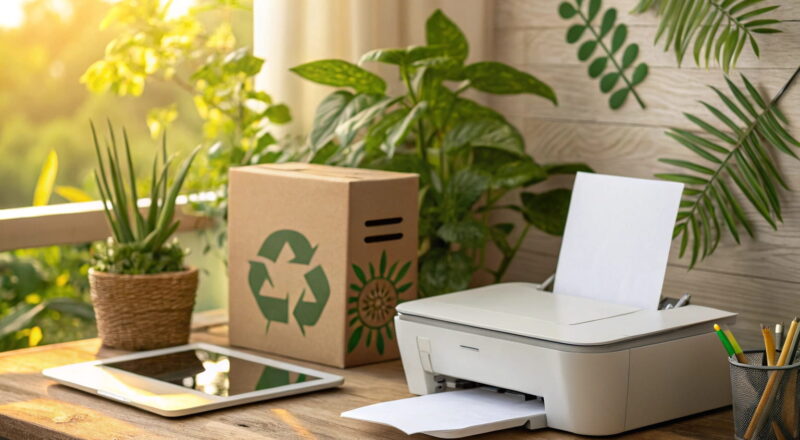 Moderner Arbeitsplatz mit Drucker und Recyclingpapier, der zeigt, wie man nachhaltig drucken kann