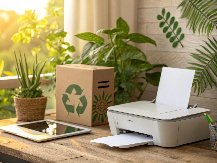 Moderner Arbeitsplatz mit Drucker und Recyclingpapier, der zeigt, wie man nachhaltig drucken kann