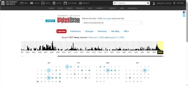 Wayback Machine mit archivierten Versionen von dirks-computerecke.de und einer Zeitleiste von 2003 bis 2026