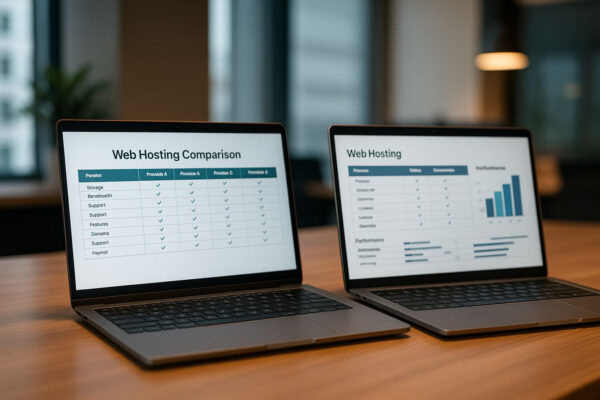 Web-Hosting Anbieter im Vergleich – Laptops mit Tabellen und Leistungsdaten