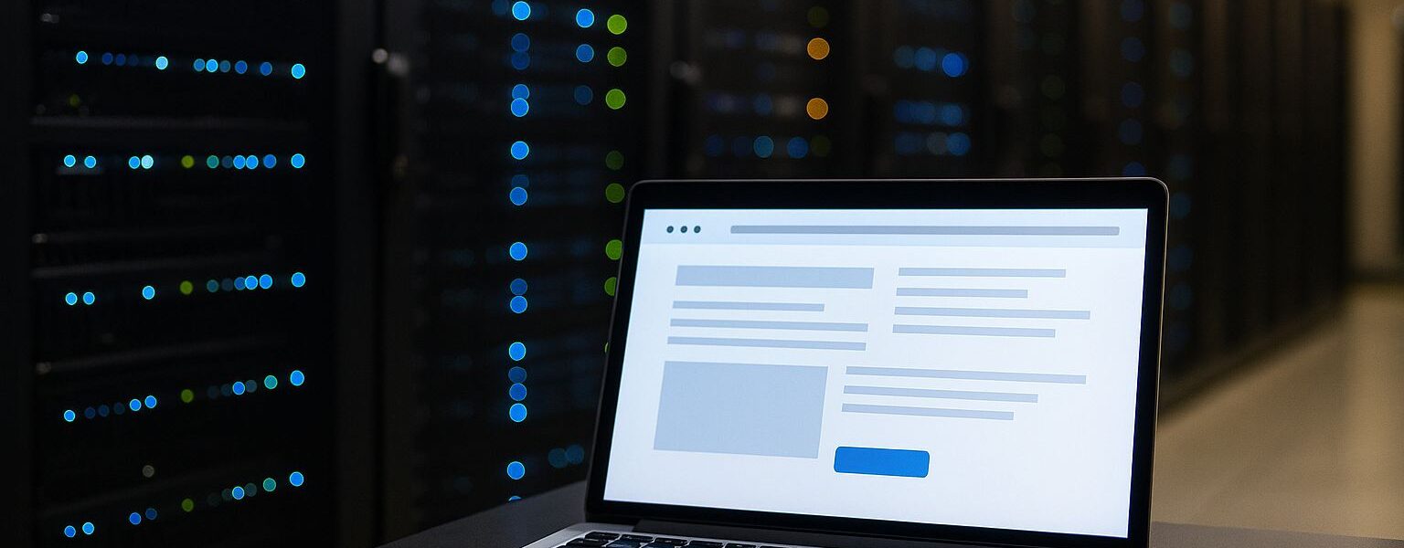 Web-Hosting einfach erklärt – Serverracks und Laptop als Symbol für Hosting