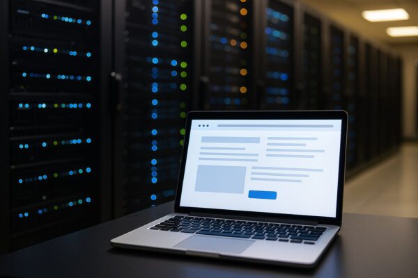 Web-Hosting einfach erklärt – Serverracks und Laptop als Symbol für Hosting