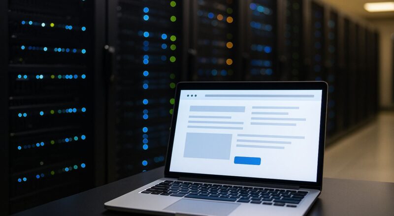 Web-Hosting einfach erklärt – Serverracks und Laptop als Symbol für Hosting