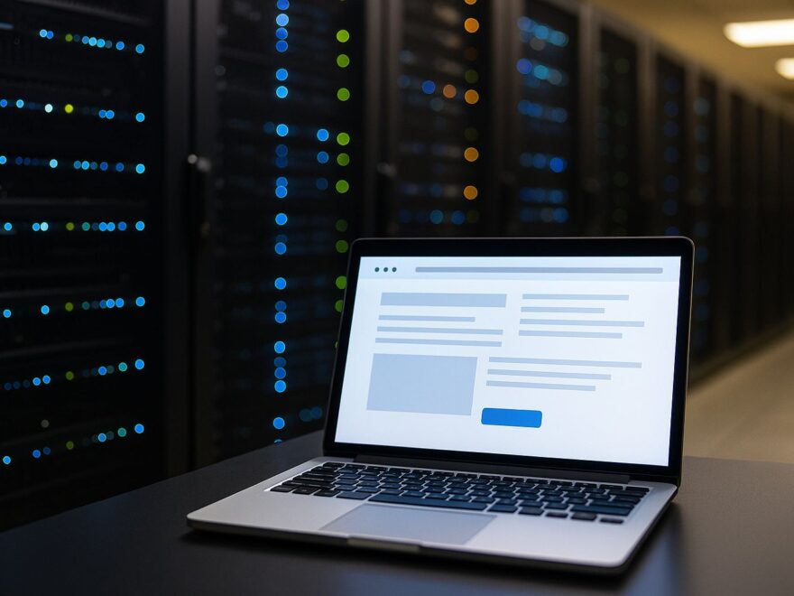 Web-Hosting einfach erklärt – Serverracks und Laptop als Symbol für Hosting