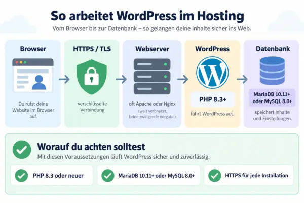 PHP, HTTPS und Datenbank für WordPress Hosting Technische Voraussetzungen für WordPress Hosting mit PHP, HTTPS und Datenbank