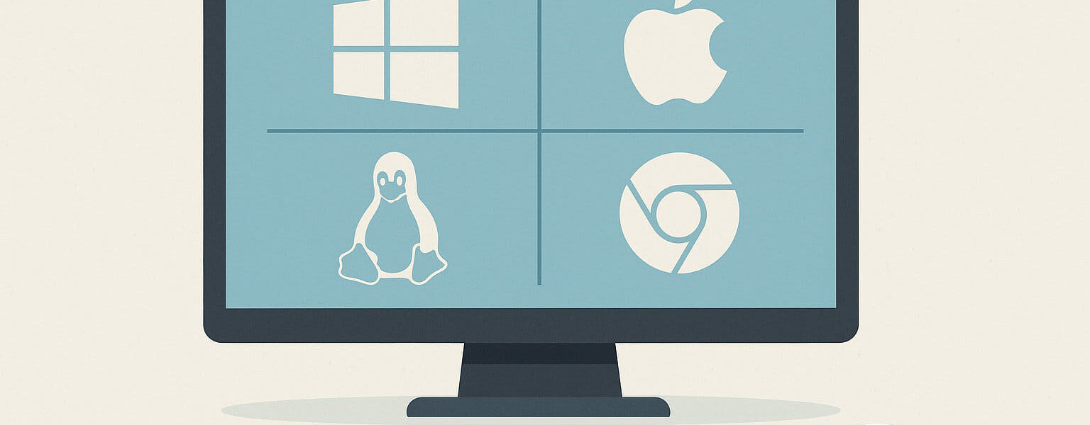 Illustration zu Betriebssysteme für den PC mit Symbolen für Windows, macOS, Linux und ChromeOS