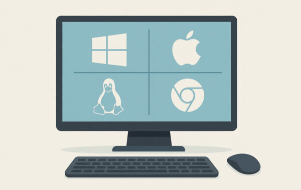 Illustration zu Betriebssysteme für den PC mit Symbolen für Windows, macOS, Linux und ChromeOS