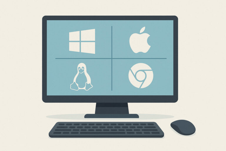 Illustration zu Betriebssysteme für den PC mit Symbolen für Windows, macOS, Linux und ChromeOS