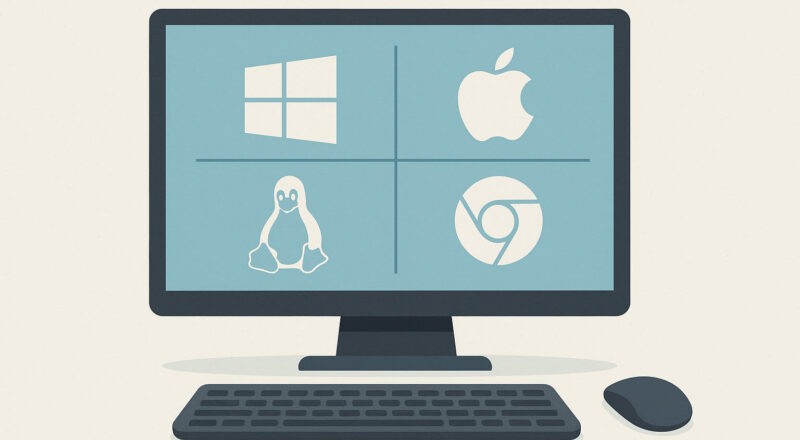 Illustration zu Betriebssysteme für den PC mit Symbolen für Windows, macOS, Linux und ChromeOS