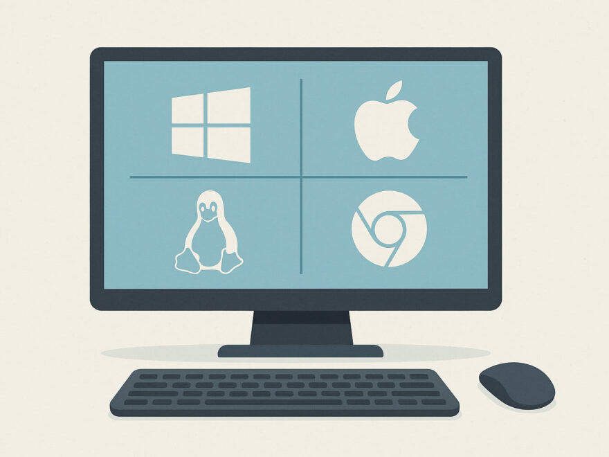 betriebssysteme pc grundlagen Illustration zu Betriebssysteme für den PC mit Symbolen für Windows, macOS, Linux und ChromeOS