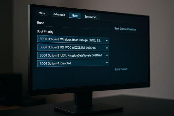Bootreihenfolge ändern und richtig einstellen im BIOS BIOS-Menü mit Bootreihenfolge-Einstellungen zur Auswahl des richtigen Startlaufwerks