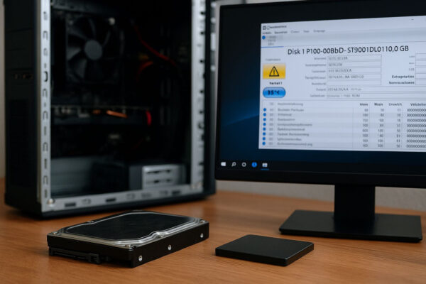 Defekte oder fehlerhafte Datenträger erkennen und prüfen Defekte Festplatte und SSD neben PC, SMART-Tool zeigt Fehlerstatus an