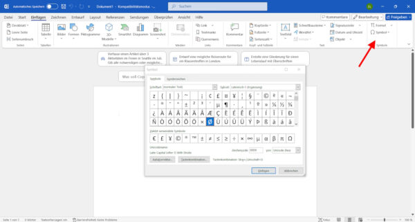Durchschnittszeichen in Microsoft Word über Symbol einfügen