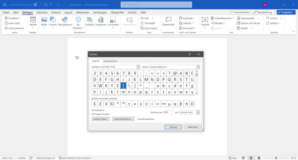 Eckige Klammern in Word über das Symbol-Menü einfügen