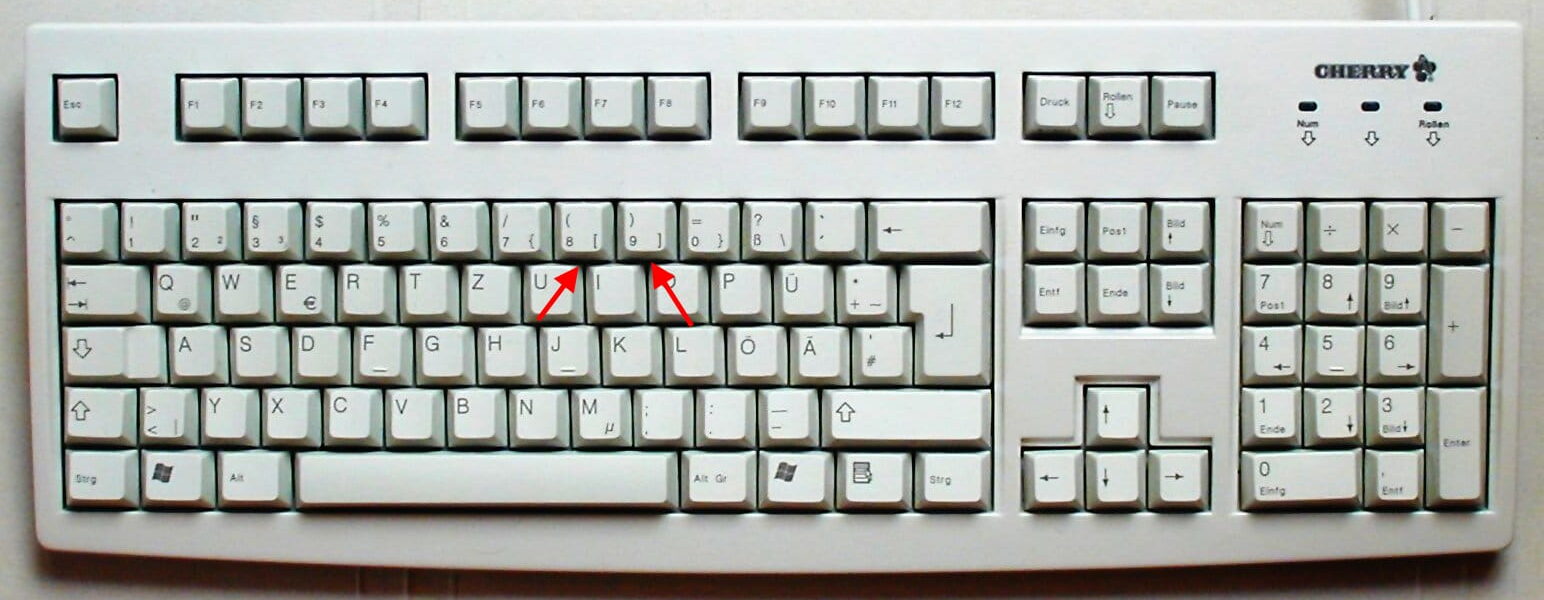 Eckige Klammern auf deutscher Tastatur mit markierten Tasten