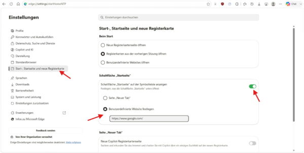 Google als Startseite in Microsoft Edge über die Startseiten-Schaltfläche festlegen