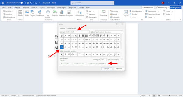 Entspricht Zeichen in Microsoft Word über Cambria Math einfügen