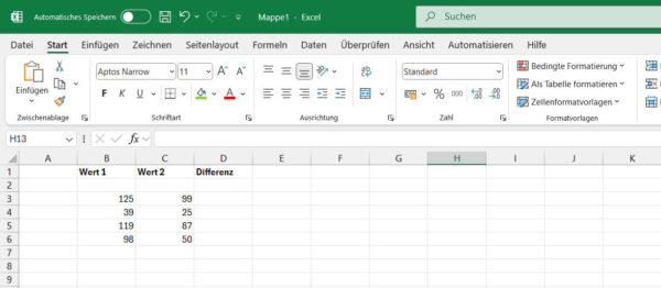 Excel Grundlagen: Differenz berechnen in einer Tabelle Differenz mit Excel berechnen – einfache Tabelle mit Ausgangswerten