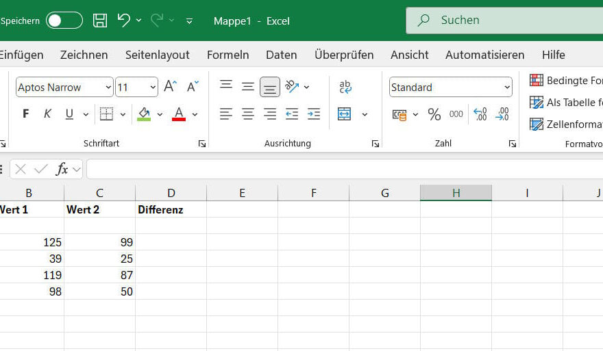 Differenz mit Excel berechnen – einfache Tabelle mit Ausgangswerten