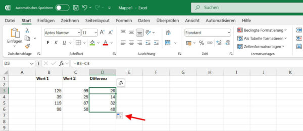 Differenz über Spalten und Zeilen in Excel berechnen Differenz mit Excel berechnen über ganze Spalten mit Autofüllfunktion