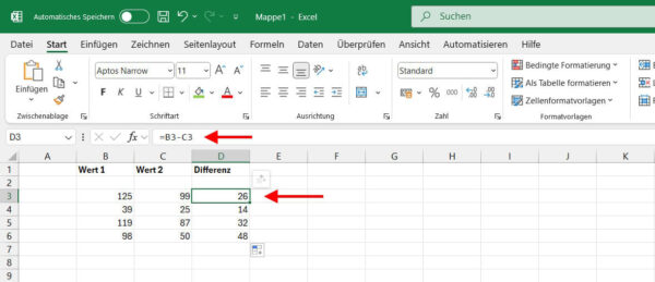 Subtraktion von zwei Zellen in Excel – Differenz berechnen Differenz mit Excel berechnen durch Subtraktion von zwei Zellen