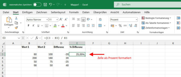Prozentuale Differenz in Excel berechnen und anzeigen Differenz mit Excel berechnen und als prozentuale Veränderung darstellen