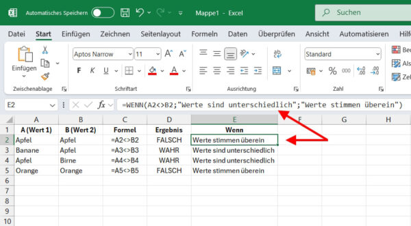 Excel Beispiel mit WENN-Funktion und Ungleich Zeichen zur Prüfung von Werten