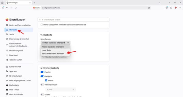 Google als Startseite in Firefox über benutzerdefinierte Adressen festlegen