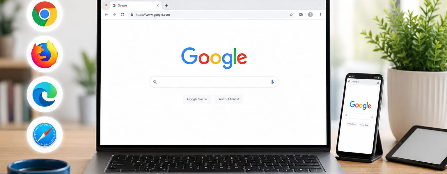 Google als Startseite auf Laptop und Smartphone mit verschiedenen Browsern
