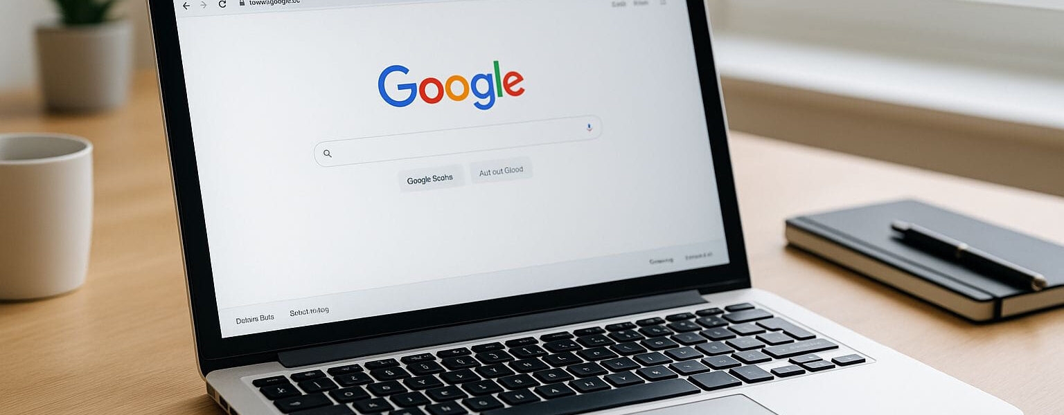 Laptop zeigt Google als Startseite im Browserfenster