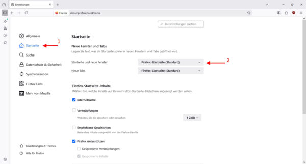 Google als Startseite in Mozilla Firefox einstellen – Menü Startseite