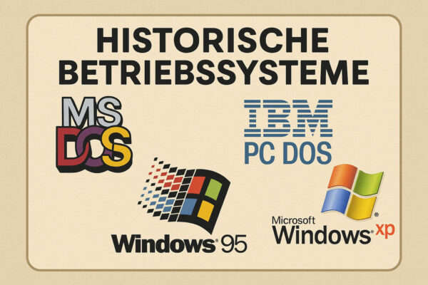 Historische Betriebssysteme – Von MS-DOS bis Windows XP anschaulich dargestellt Historische Betriebssysteme am PC mit MS-DOS Oberfläche und Windows XP im Retro-Look