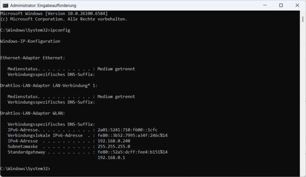 ipconfig unter Windows in der Eingabeaufforderung ausführen und Netzwerkinformationen anzeigen