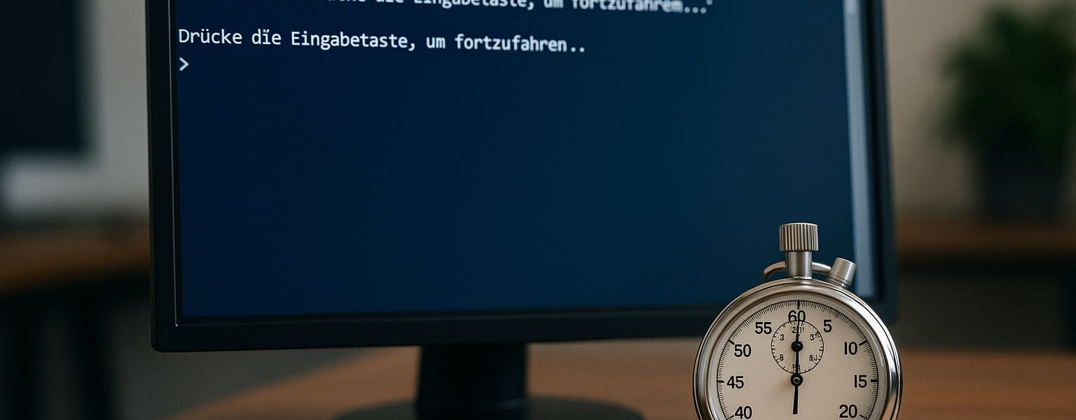 Pause im PowerShell Skript symbolisch mit Monitor und Stoppuhr dargestellt