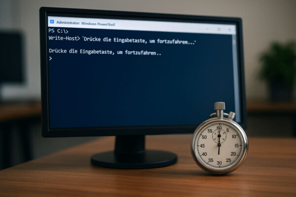 Pause im PowerShell Skript symbolisch erklärt Pause im PowerShell Skript symbolisch mit Monitor und Stoppuhr dargestellt