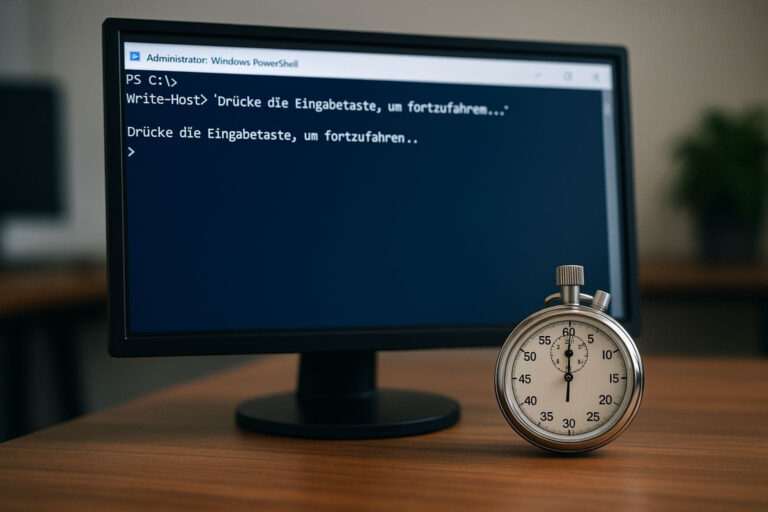 Pause im PowerShell Skript symbolisch mit Monitor und Stoppuhr dargestellt