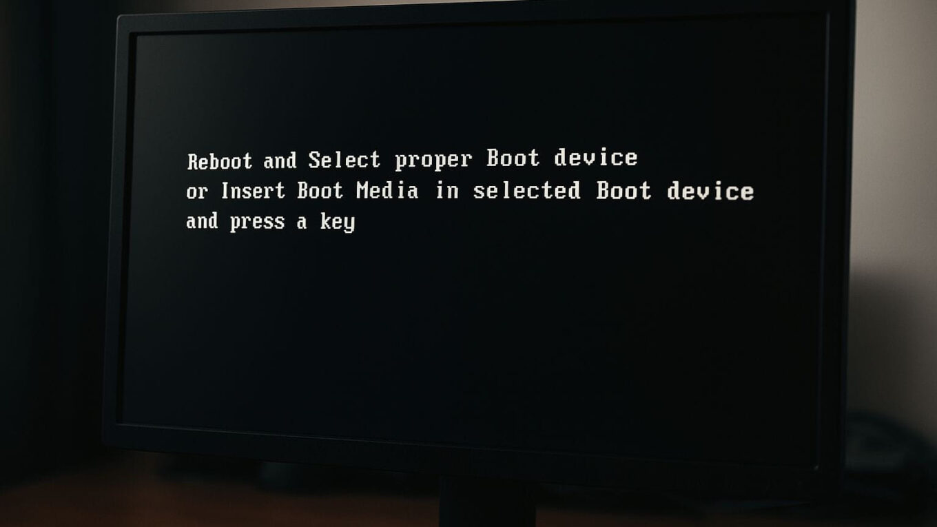 Computerbildschirm mit der Fehlermeldung Reboot and Select Proper Boot Device