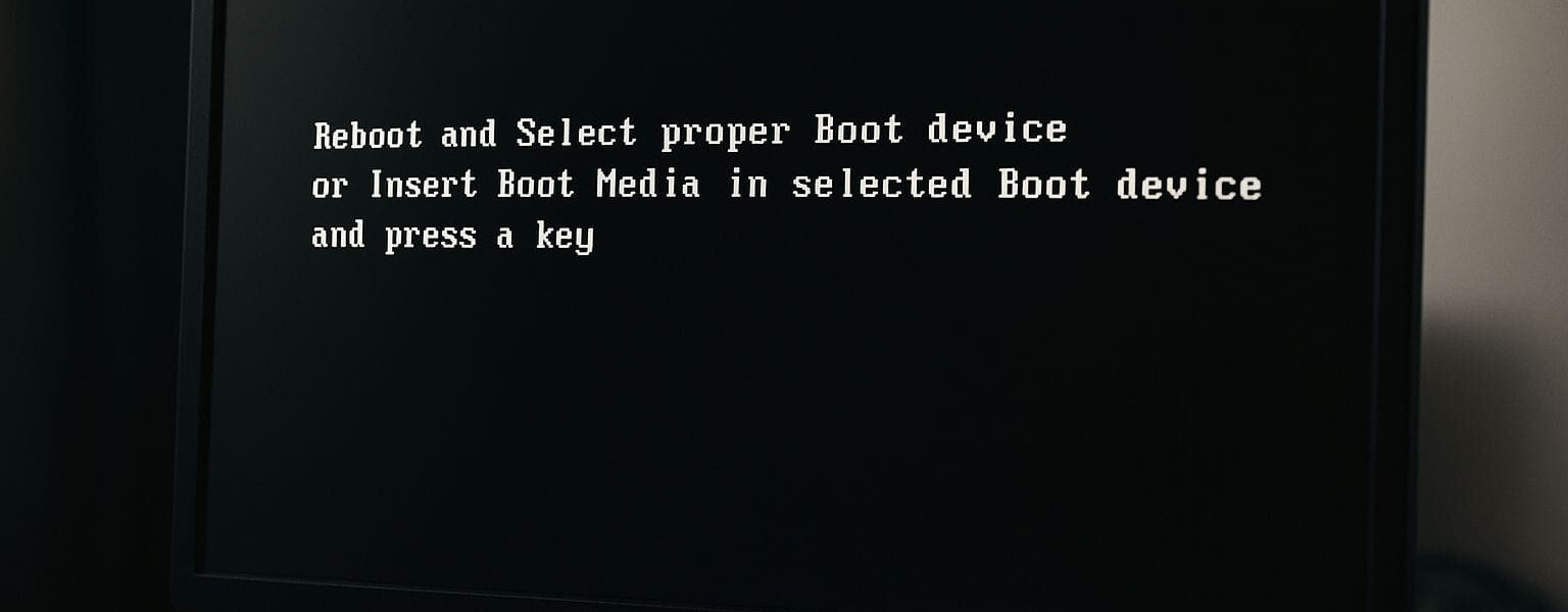 Computerbildschirm mit der Fehlermeldung Reboot and Select Proper Boot Device