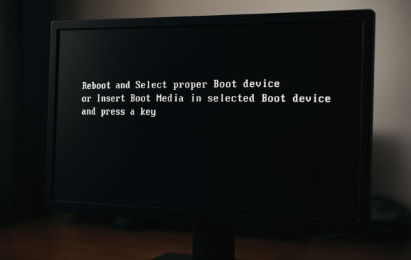 Computerbildschirm mit der Fehlermeldung Reboot and Select Proper Boot Device
