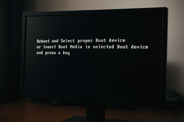 Computerbildschirm mit der Fehlermeldung Reboot and Select Proper Boot Device