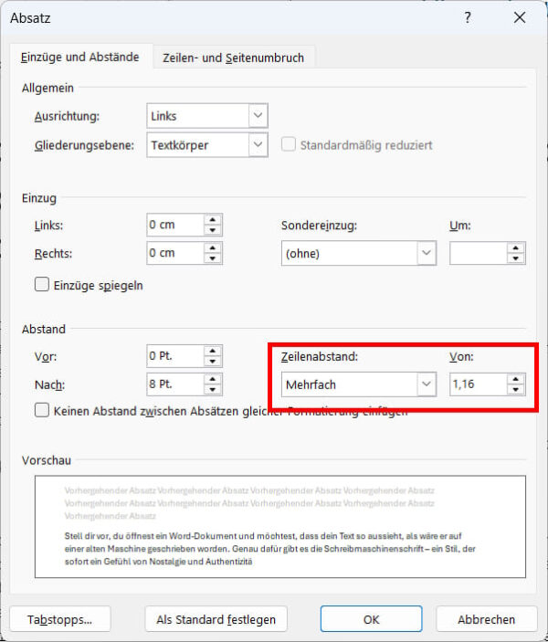 Schreibmaschinenschrift in Word mit Zeilenabstand richtig formatieren