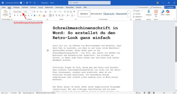 Schreibmaschinenschrift in Word aktivieren mit Courier New