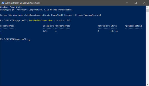 SMB Port 445 überprüfen mit PowerShell Befehl Get-NetTCPConnection