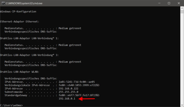 Standardgateway unter Windows mit ipconfig im CMD-Fenster anzeigen