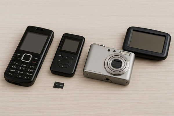 TF Karte neben älteren Geräten wie Handy, MP3-Player, Digitalkamera und Navigationsgerät