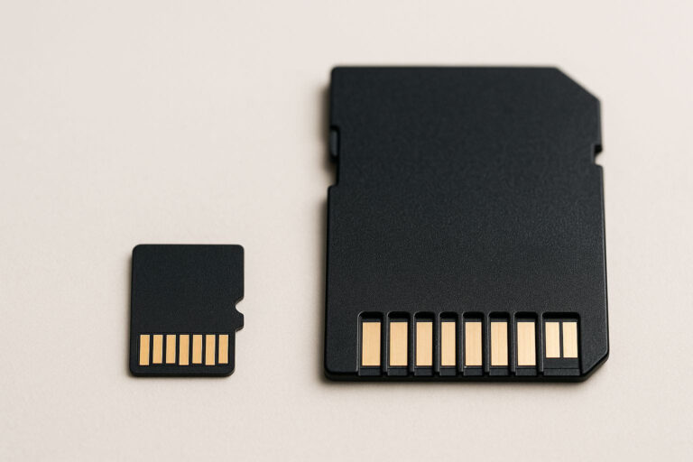 TF Karte im Größenvergleich mit einer SD-Karte, Detailaufnahme