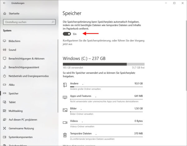 Windows Speicheroptimierung aktivieren, um Arbeitsspeicher automatisch zu leeren