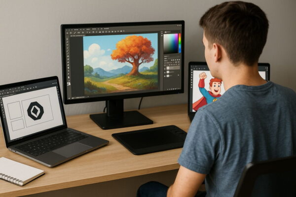 Zeichenprogramm auswählen: Finde die passende Software für dich Zeichenprogramm Auswahl mit verschiedenen Stilen am Schreibtisch